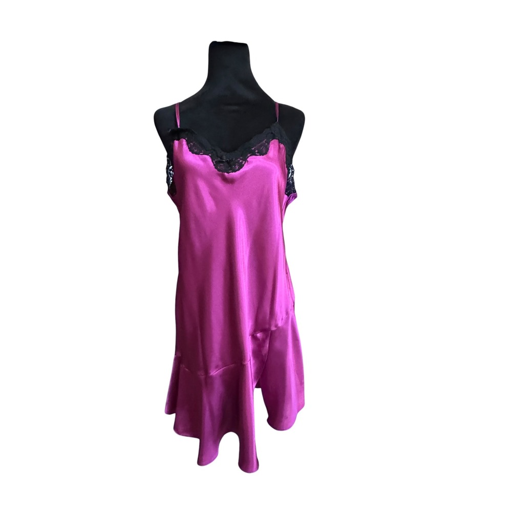 JCPenney Satin Nightgown Womens M Pink Raspberry Lace Trim Ruffle Y2K Glam